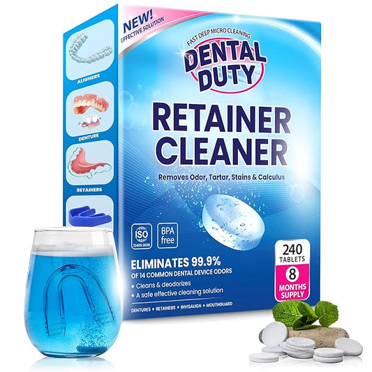 240 Units Retainer and Denture Cleansers Tablets (8 Months Supply) - Cleaner Removes Plaque, Stains from Dentures, Retainers, Night Guards, Mouth Guard, Aligners and Removable Dental Appliances