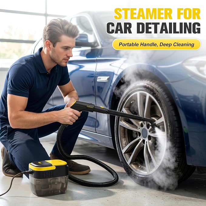 1500W Portable Steam Cleaner,10s Heat-Up,3-Level Adjustable Handle, 1.69 Quarts Large Tank,11 Pcs Accessories, Steamer for Home Dirt, Grout, Floor, Grease,and Car Detailing, Black-Yellow