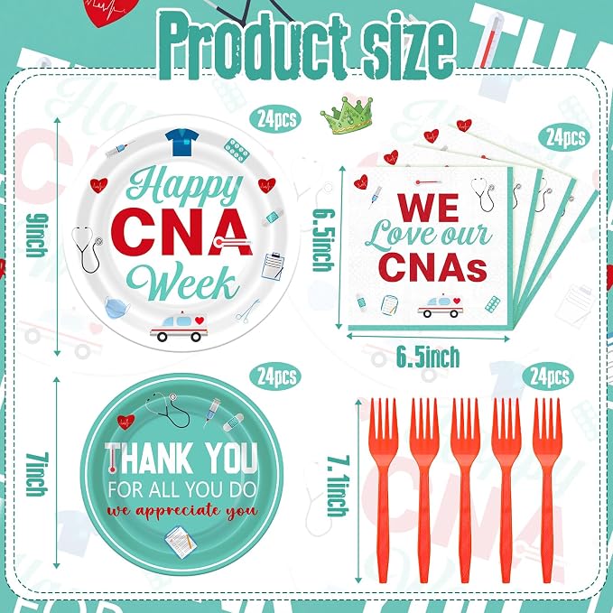 Remerry 96 Pcs Happy Cna Week Party Supplies Nurse Appreciation Plates and Napkins Set Decoration We Love Our Cnas Disposable Plates Thank You for All You Do Party Decoration