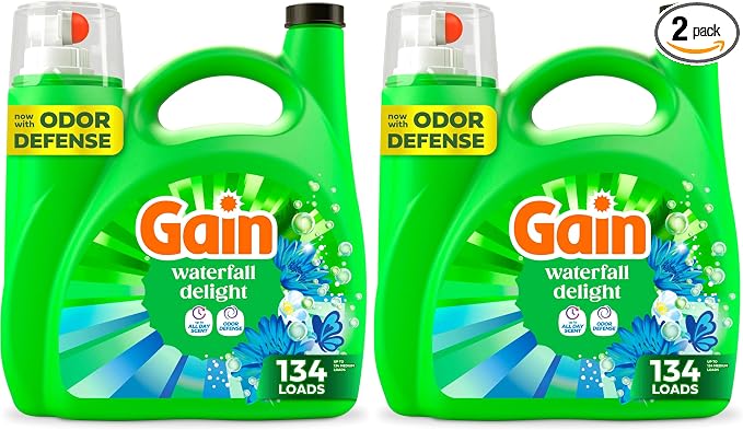 Gain Liquid Laundry Detergent with Odor Defense, Waterfall Delight Scent, Laundry Soap For HE Washing Machines, 177 fl oz, 134 Loads (Packaging May Vary) (Pack of 2)