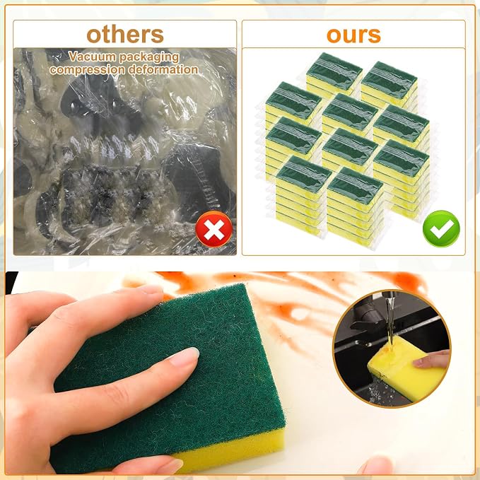 100 Pack Individually Wrapped Sponges Uncompressed for Household Cleaning Kitchen Dishwashing Non Scratch Scrouing Sponge Bulk for Hotel Car Airbnb Apartments,Green