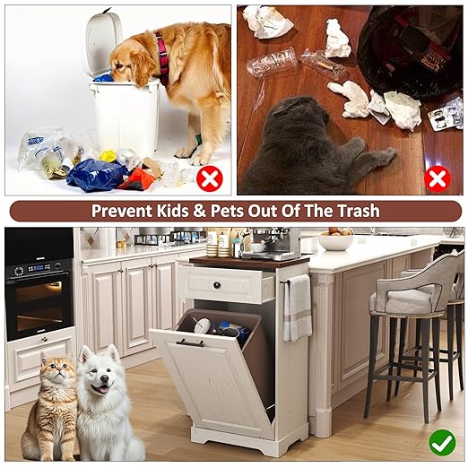 Function Home Trash Can Cabinet, 13 Gallon Tilt Out Trash Cabinet, Wooden Kitchen Garbage Can with Hideaway Drawer, Pet Proof Trash Can Holder for Kitchen Living Room, Antique White with Brown Top