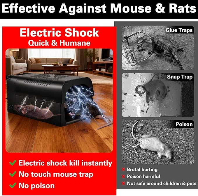 Electric Mouse Trap Zapper - High Voltage Rodent Trap for Indoor Use, Powerful Rat Zapper with Rechargeable Battery & Adapter, Electronic Mouse Killer for Mice & Small Rats, Enhanced Safety Design