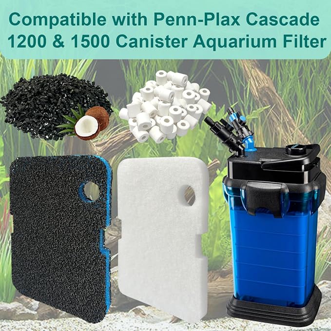 18 Pack Filter Media Compatible with Penn-Plax Cascade 1200 & 1500 CCF4UL/CCF5UL Canister Aquarium Filters, Includes Bio-Sponge Filters, White Floss Pads, Activated Carbons, Ceramic Rings & Mesh Bags