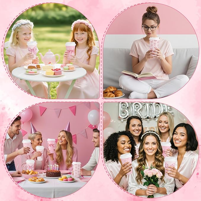 NatNarr 100 Pack Pink Bow Disposable Coffee Cups with Lids, 12 oz Cute Bowknot Paper Cup Insulated Coffee Cup for Birthday Anniversay Baby Shower Bachelorette Party Supplies, 4 Styles