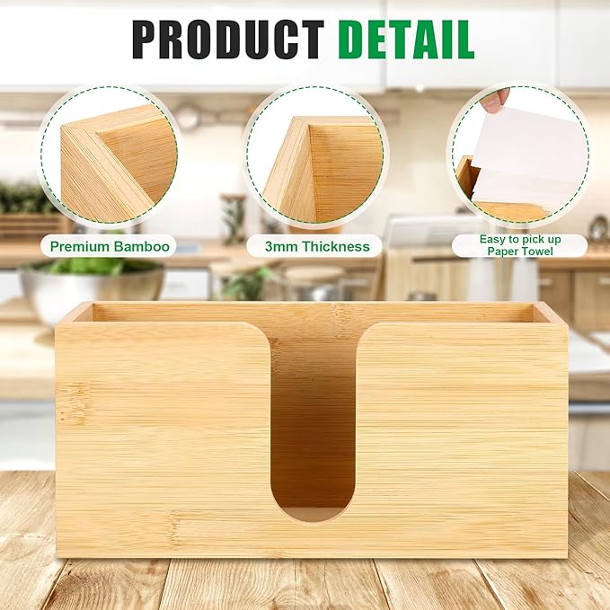 Bamboo Paper Towel Dispenser Countertop Folded Paper Towel Holder Trifold Napkin Holder, Suitable for Z-fold, C-fold or MultiFold Trifold - Bathroom Toilet and Kitchen, 10.8'' W x 4'' D x 5'' H