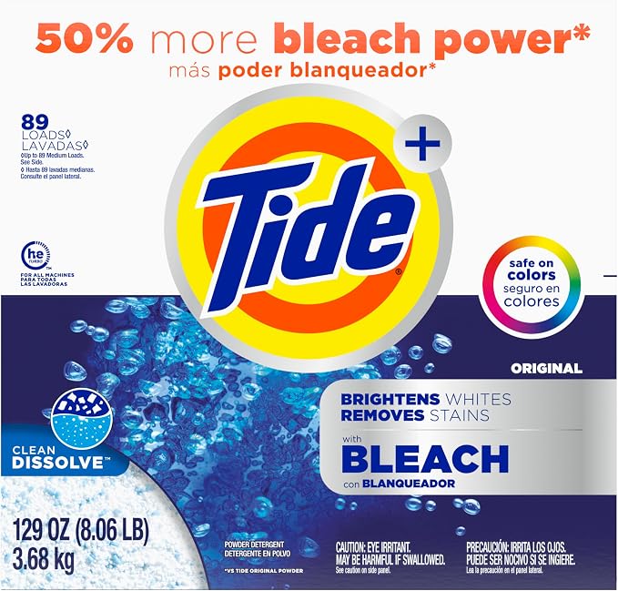 Tide Powder Laundry Detergent with Bleach, Original Scent, 89 Loads, 129 oz