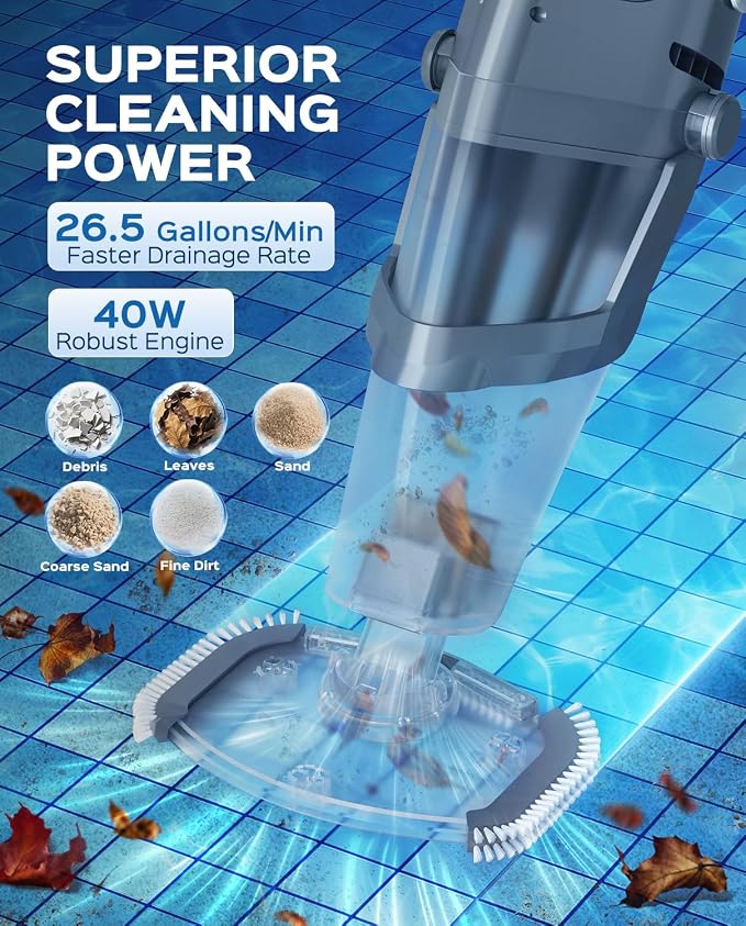 Cordless Handheld Pool Vacuum Cleaner with Telescopic Pole, 26.5 GPM Powerful Suction, Longer 1H Runtime, Pool Vacuums for Above Ground/Inground Pools, Hot Tubs, Spas, Navy Blue