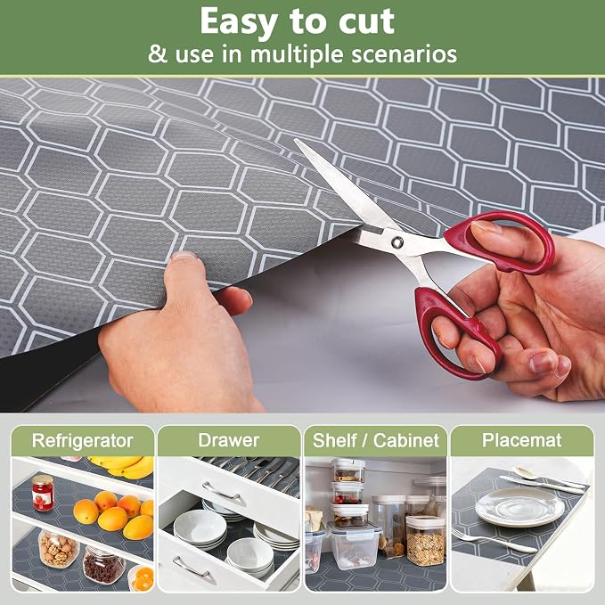 Non Adhesive Fridge Shelf Liner, Waterproof Drawer Liners for Kitchen Cabinet Refrigerator, No Slip Bathroom Cupboard Liner EVA Place Mat Roll -17.5" x 197" Grey