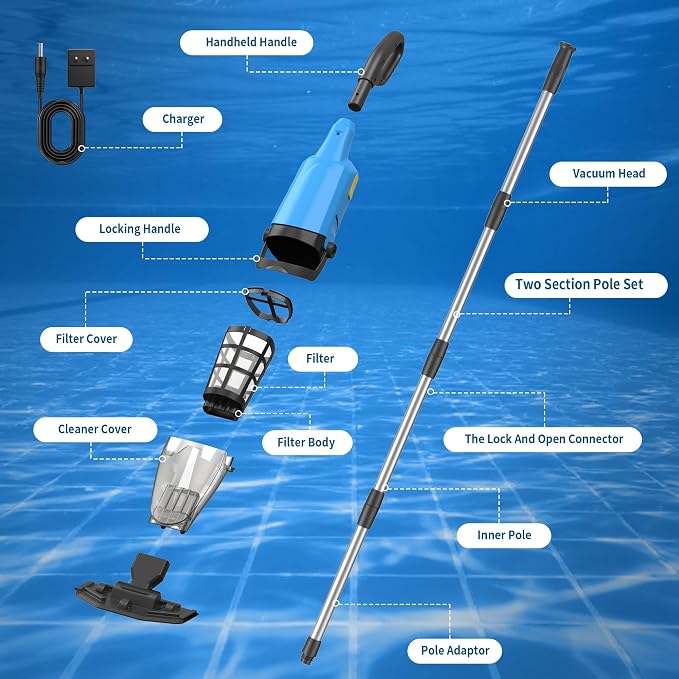 Cordless Rechargeable Pool Vacuum for Above & In-Ground Pools – 18GPM Suction, 90 Min Runtime, Fast 3H Charge, 69" Detachable Pole – Deep Clean for Spa, Hot Tub, Sand, Leaves, Debris (Blue)