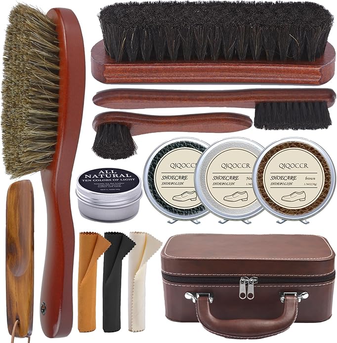 Shoe Cleaning Kit,13 Pcs Leather Boot Care Kit, Shoe Polish, Mink Oil, Shine Cloths, Shoe Brushes, Shoe Horn, and More for Leather Boot Care and Cleaning, Leather Polish Kit Gift for Men Women