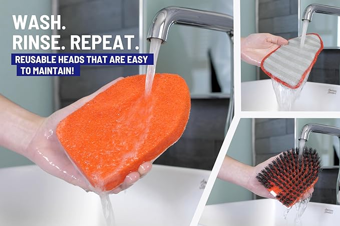 Moku Home Shower Scrubber 3 in 1 Extendable Long Handle 58" Cleaning Brush Bundle Value Pack - Non Scratch Shower Brush for Cleaning Bathroom Kitchen Toilet Wall Tub Tile Sink with 8 Refills (Red)