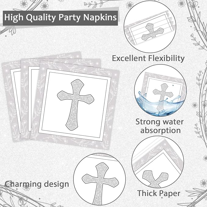 96Pcs Baptism Cross Plates and Napkins First Holy Communion Birthday Party Decorations Gray Religious Christening Ceremony Dessert Plates Tableware Set for 24 Guests Cross Baptism Party Supplies