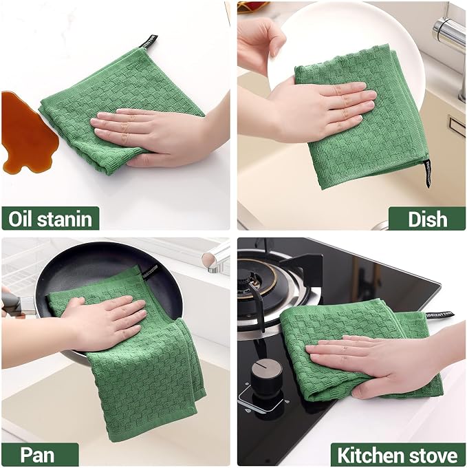 Homaxy 100% Cotton Terry Kitchen Dish Cloths, Ultra Soft Absorbent Dish Towels with Hanging Loop, Pineapple Grid Designed, 12 x 12 Inches, 8-Pack, Grass Green