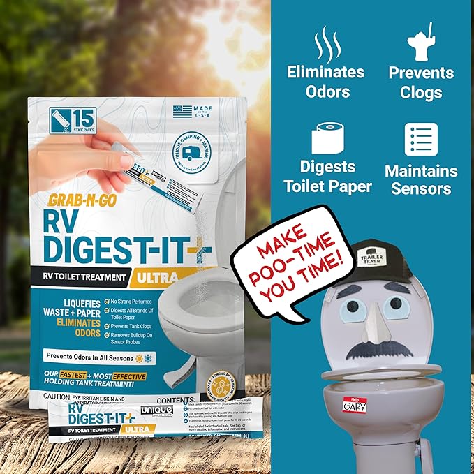 Unique RV Digest-It Ultra Stick Pack, 15 Count, Extra-Strength RV Toilet Treatment, No-Mess, Pre-measured, Grab-N-Go Bio-Enzymatic Black Tank Treatment, Eliminates Smells and Prevents Clogs