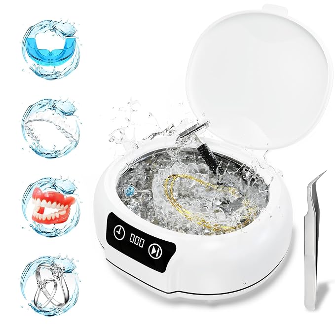 Ultrasonic Retainer Cleaner Machine,48 kHz Ultrasonic Cleaner,700ML Portable Ultrasonic Cleaner for Braces, Mouth Guards, Aligner, Toothbrush, Glasses, Jewelry(White)