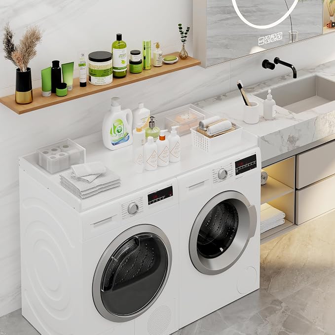 efluky Washer Dryer Countertop, Wood Countertop with Edge Rails for Laundry Room Organization and Storage, Washer Dryer Topper for Laundry Room, 27.5" x 54" White