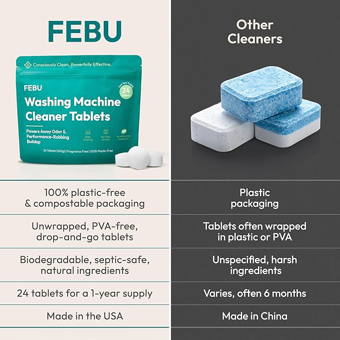 FEBU Save 15% on Swedish Dishcloth + Washing Machine Cleaner Tablets | 5 Pack Black Minimalist Reusable Paper Towels + 24ct Washer Cleaner Tablets
