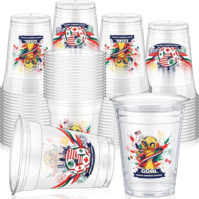 Jingmore 100 Pcs Soccer Plastic Cups 12 oz International Countries Soccer Disposable Plastic Cups Thick Clear Drinkware for Sports Games Party Supplies (Goal Trophy)