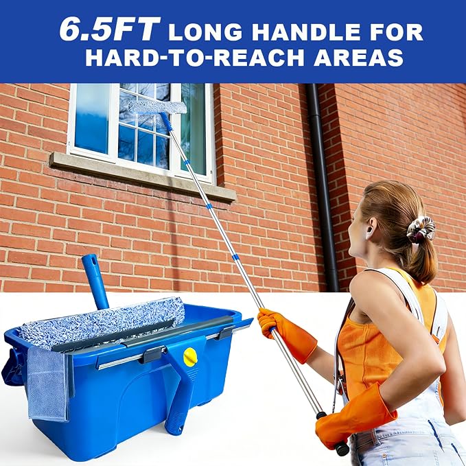 78" Window Cleaning Squeegee Kit with 3-Gallon Bucket, 14" Squeegee and 15" Scrubber, Professional Windows Washing Cleaner Tool for Outdoor, Home, Commercial Use (with Bucket kit)