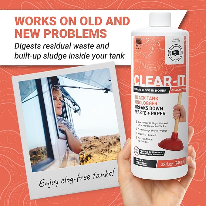 Unique Clear-It RV Black Tank Unclogger Liquid – Breaks Through Pyramid Plugs, Compacted Tanks & Clogged Pipes Without Messy Tools (32 oz) Amazon-Exclusive Packaging