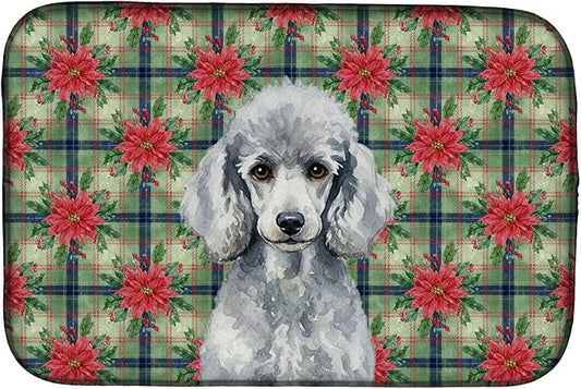 Caroline's Treasures Standard Silver Poodle Christmas PoinsettIas Dish Drying Mat Absorbent Dish Drying Mat Pad for Kitchen Counter Dish Drainer Mat for Countertop, 14 x 21", Multicolor