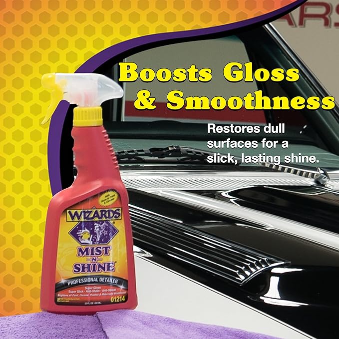 Wizards Mist-N-Shine Detail Spray and Tire & Wheel Vinyl Shine Bundle - 22 Oz - Car Exterior Cleaner for Auto Detailing Supplies - Cleans and Protects Tires, Wheels and Trim