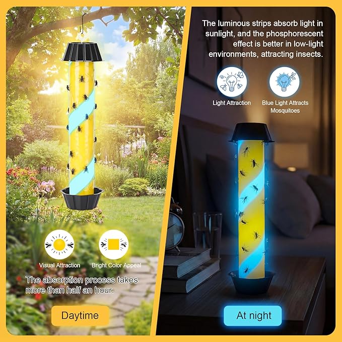 12 Pack Glow in the Dark Fly Sticks Outdoor & Indoor Sticky Fly Traps with Blue Fluorescent Night Attraction Light-Absorbing UV for Mosquitoes Flies Waterproof Hanging Catcher (Black)