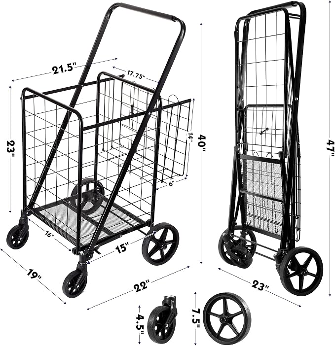 BIEAMA Folding Shopping Cart, 340 Lb Capacity Grocery Cart, Large Size | Heavy Duty Utility Cart with 360 Rolling Swivel Wheels, Extra Basket