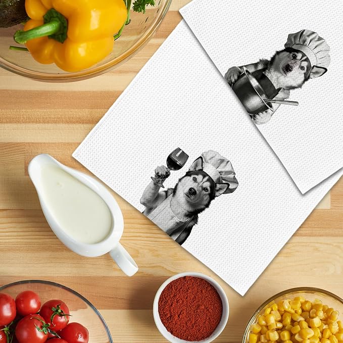 Funny Chef Husky Kitchen Towels Set of 2, Husky Dog Gifts for Women Dish Tea Towels for Kitchen, Dog Mom Lovers Owner Gifts Decorative Hand Towel, 16x24 Inch