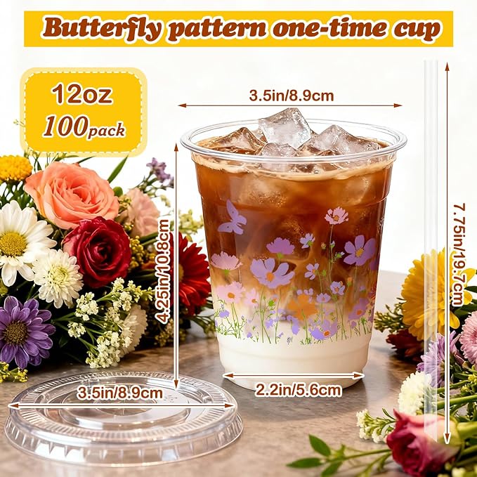 Vesici 100 Pcs Floral Plastic Cups 12 oz Floral Botanical Clear Spring Disposable Cups with Lid and Straws for Spring Summer Birthday Wedding Bridal Baby Shower Party Supplies(Butterfly)
