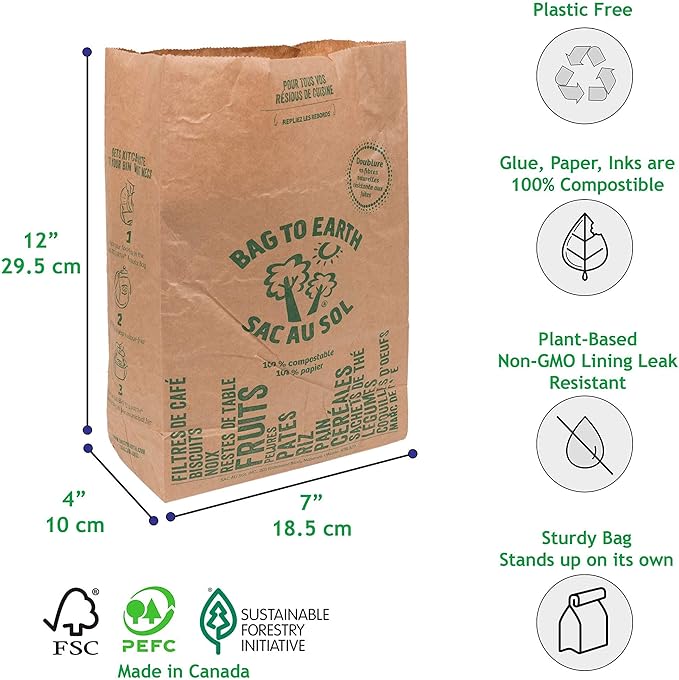 Bag to Earth -Kitchen Food Waste Bag, Set of 2 - Compostable, Leak-Resistant, 3.0 Gallons, 60 Count