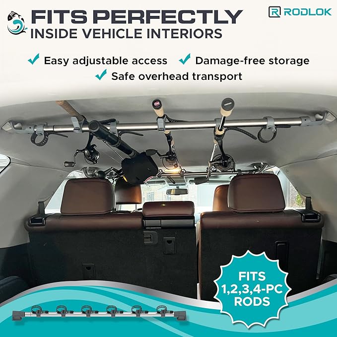 2 Pc Fishing Rod Holder for Car- Fishing Pole Rack - SUV Truck Fly Rod Holder - Holders for Garage Organization & Storage Rack Wall Organizer for Mops, Brooms, Shovel- Car Clothes Hanger bar