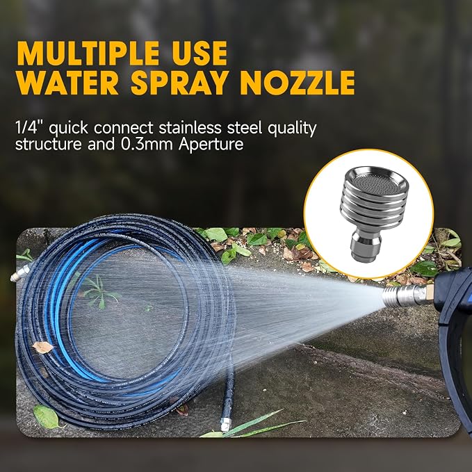Sewer Jetter Kit for Pressure Washer 150ft – 5800PSI Drain Cleaning Hose 1/4 Inch NPT Corner with Watering Spray Nozzle, Rotating and Button Hose Sewer Jetting Nozzles & Easy-to-Store Strap