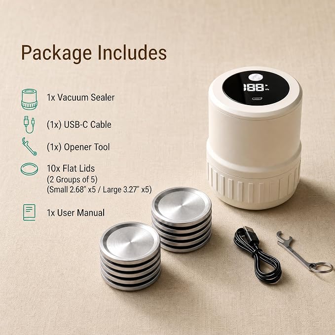 Mason Jar Vacuum Sealer Kit for Wide & Regular Mouth Jars, White
