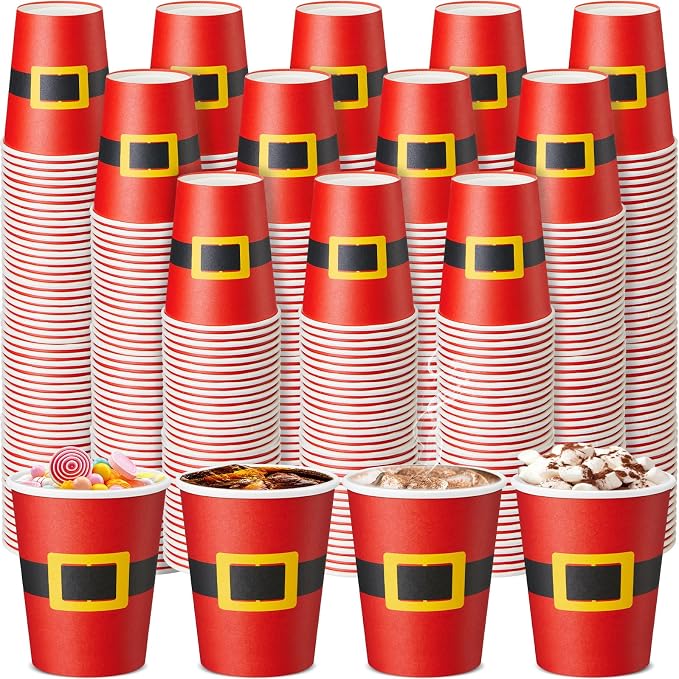 Yaomiao 300 Pcs 9 oz Christmas Paper Cups Santa Claus Belt Design Disposable Christmas Hot Cocoa Coffee Cups Bulk for Hot Cocoa Chocolate Beverage Bar for Daily Use Xmas Holiday Party Supplies