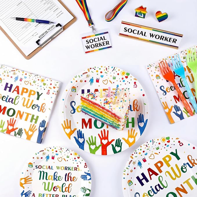 Remerry 96 Pcs Happy Social Work Month Party Supplies Social Workers Make the World a Better Place Tableware Disposable Thank You Employee Staff Paper Plates Napkin for Party Decoration