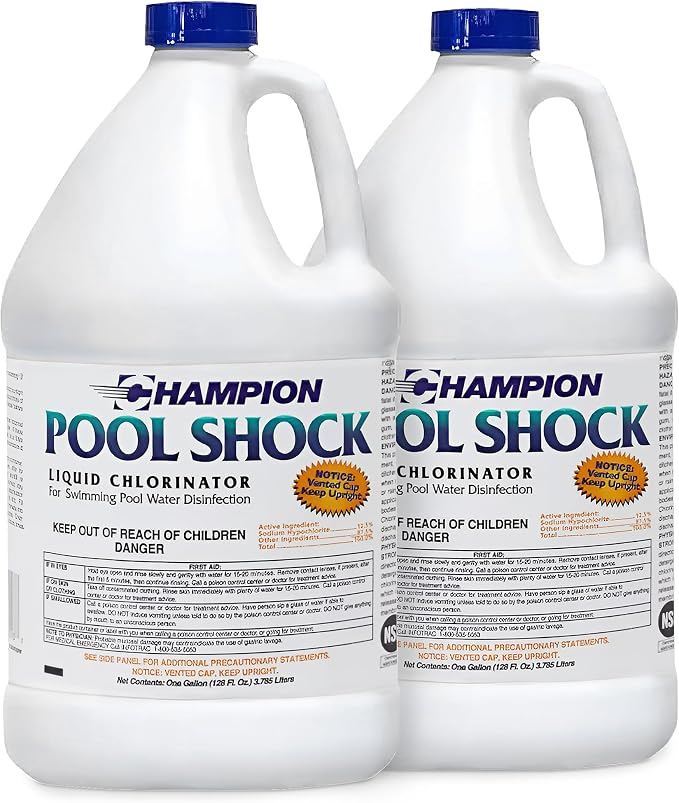 Champion 2-Pack Pool Shock, 12.5 Liquid Chlorinator for Swimming Pools, 1 Gallon Each - Fast-Acting Sodium Hypochlorite Sanitizer, Ready to Use, Non-Staining, Non-Scaling, Commercial Grade
