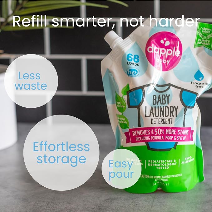 Dapple Baby Laundry Detergent, Powered by Plants, Concentrated, Hypoallergenic, Fragrance Free, Eco-Friendly Pouch, Stain Remover, 34 Fl Oz (3 Pack)