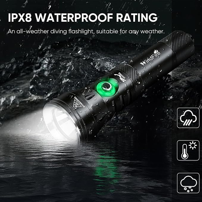 WINDFIRE High-Power Dive Lights Scuba Diving Flashlight – IPX8 Waterproof Underwater Flashlight with Power Indicator, 4 Modes, Ultra-Bright Dive Torch for Night Diving & Ocean Exploration