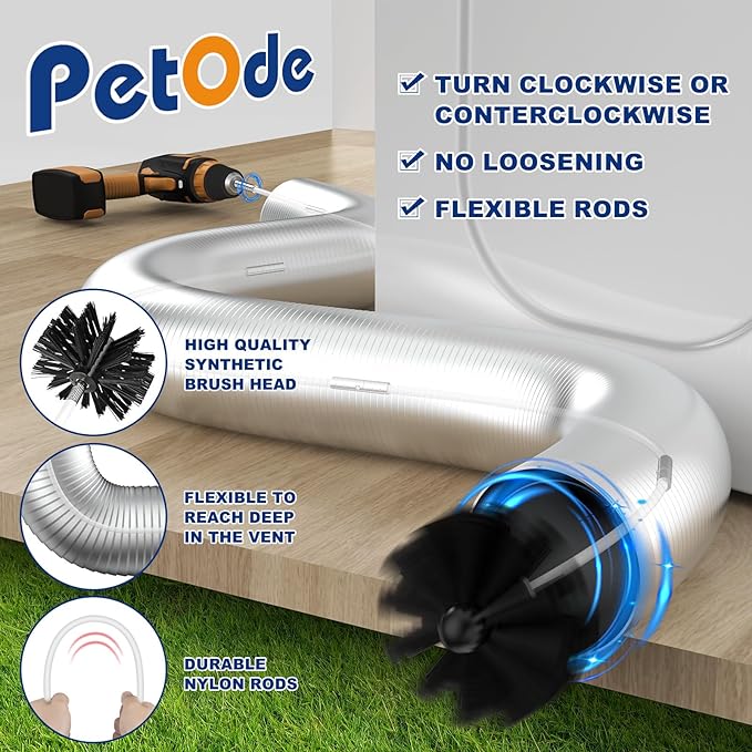 PetOde Dryer Vent Cleaner Kit Compatible with Most Vacuum Cleaner, Dryer Lint Brush and Vacuum Hose Attachment with Universal Connector, Quickly Lint Remover