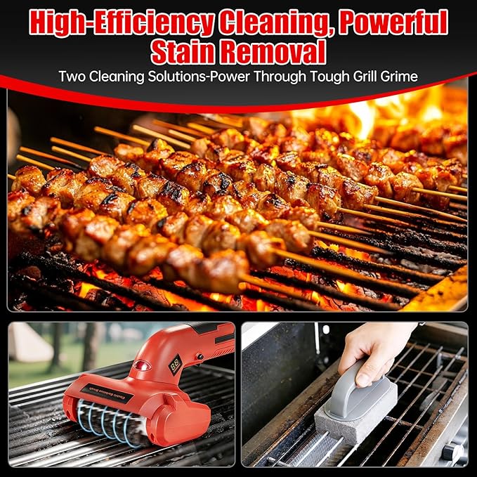 Electric Grill Brush, Electric BBQ Grill Cleaner Cordless Rechargeable 700 RPM Grill Cleaning Brush for Outdoor Barbecue Grill with LED Light, Stainless Steel Brush, Cleaning Stone, Safety Lock