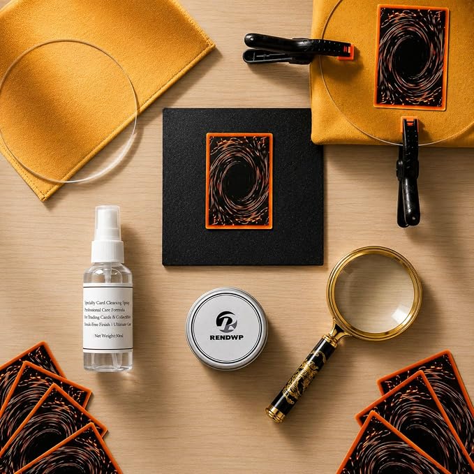 RENDWP 17-in-1 Trading Card Cleaning Care Kit with Clean Spray,Polish,Tweezers,Flattening Tool in Box for All Cards Restoration Repair and Grading Preparation and Flattenin Card Clean Accessories