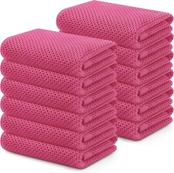 Kitinjoy 100% Cotton Waffle Weave Kitchen Hand Towels (13 X 28 Inches,Hot Pink), 12-Pack Super Soft and Absorbent Dish Towel for Drying Dishes