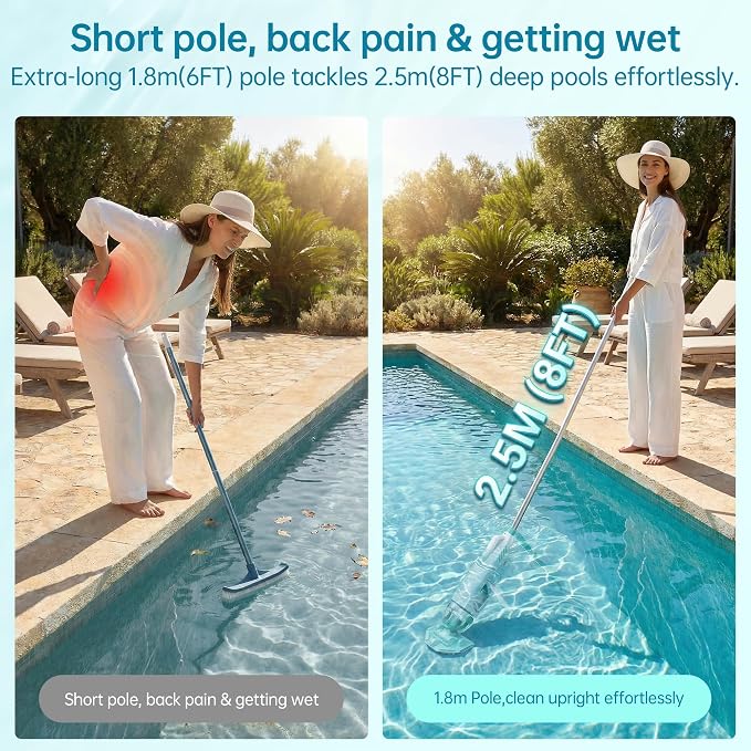 Cordless Handheld Pool Vacuum 18.5 GPM, Above Ground Pool Vacuum Cleaner with 60 Mins Runtime & 6ft Telescopic Pole, 45W Strong Suction Hot Tub Vacuum for Pools, Spas, Steps, Sand, Leaves