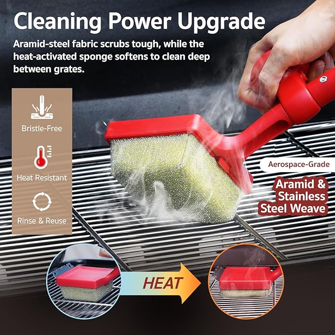 GASPRO Grill Brush Bristle Free for Outdoor Grill, BBQ Cleaning Brush Set with 2 Replacement Heads, Heat-Activated Sponge & Scraper, Ergonomic Handle, Safe for Most Grates, Red