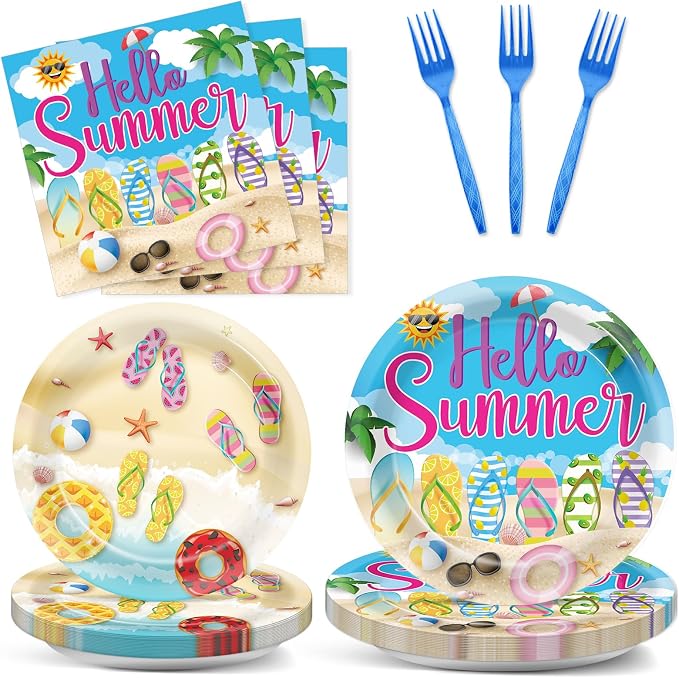 CHUNNIN 96Pcs Hello Summer Plates and Napkins Beach Party Decorations Hawaiian Tropical Disposable Paper Dessert Plates Tableware Set for 24 Guests Kids Summery Ocean Pool Birthday Party Supplies