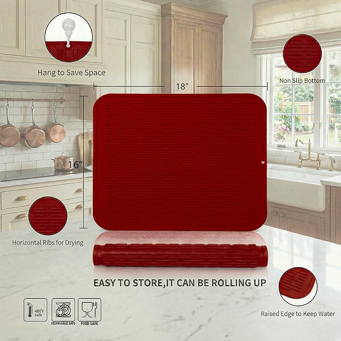 MicoYang Silicone Dish Drying Mat for Multiple Usage,Easy clean,Eco-friendly,Heat-resistant Silicone Mat for Kitchen Counter or Sink,Refrigerator or Drawer Liner Red XL 18 inches x 16 inches