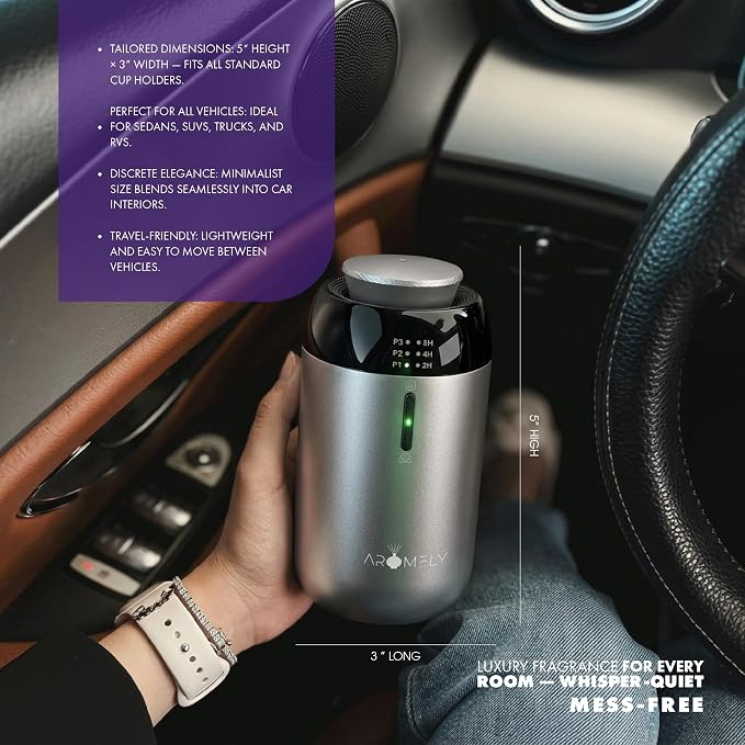 Car Diffuser & Home Air Freshener Waterless – Rechargeable – Intelligent Aroma Diffuser with Dual Mode – Portable Odor Eliminator for Car, Office Desk, and Small Room – Up to 150 SQFT (Silver)