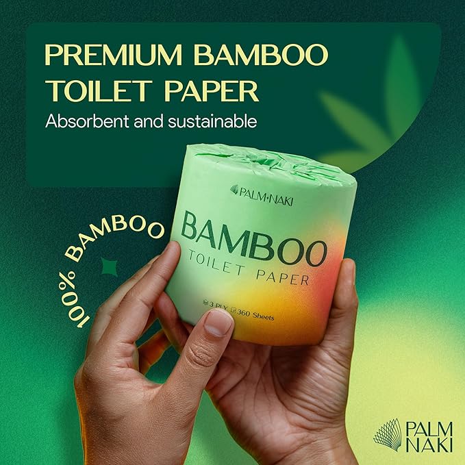 Premium Bamboo Toilet Paper | 3-Ply – Strong & Absorbent | Tree-Free, FSC Certified, BPA/PFAS-Free | Septic-Safe, Lint-Free | 12 Mega Rolls (360 Sheets/Roll) | PALM NAKI